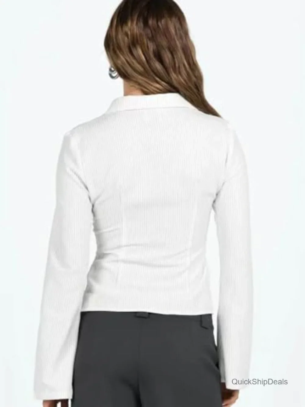 Striped Long Sleeve Button Down Shirt Slim Fit V-Neck Blouse - Picture 3 of 7